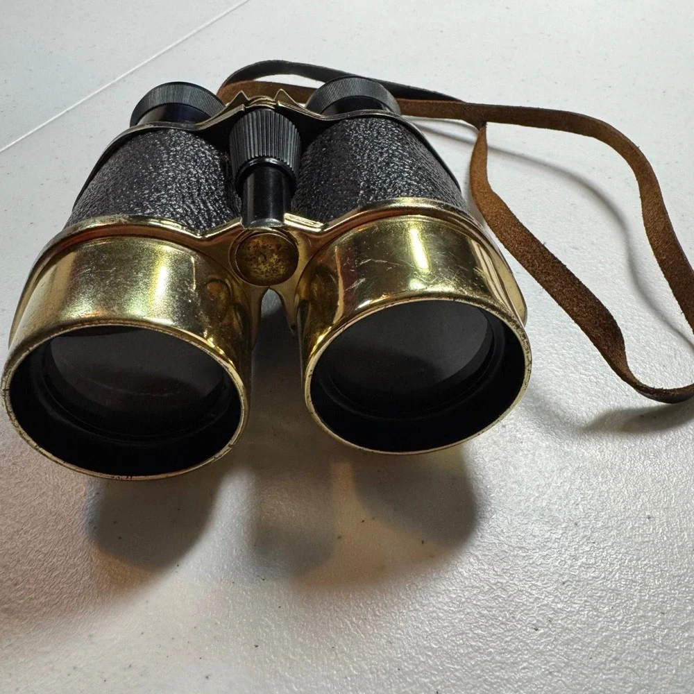 Vintage Brass Leather Binoculars 4x40 Japan‎ Opera Glasses Theater Sports Gold